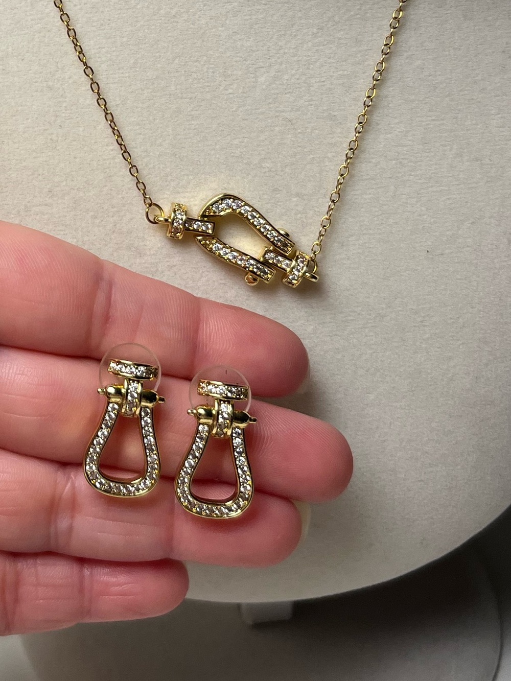 Gold Tone Horseshoe Stainless steel CZ Necklace & Earrings Set